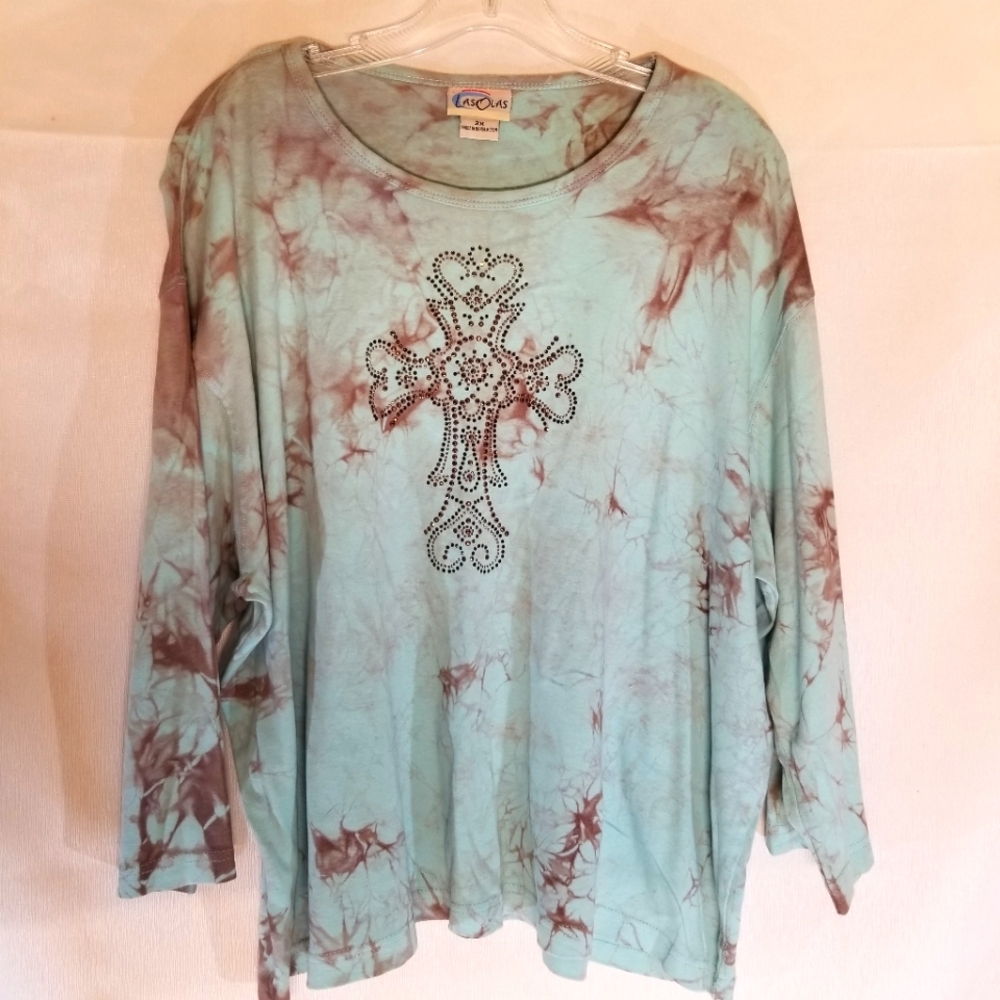 LasoLas Womans Shirt Size 2X 3/4 Sleeve Rhinestone Embellishment Green Brown